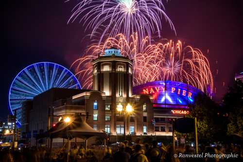 Fireworks over Navy Pier in Chicago at night